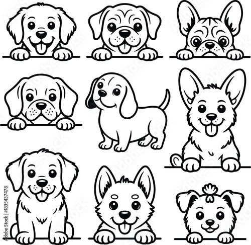 Cute Peeking Dog Faces Vector Set, Puppy Heads Line Art Collection