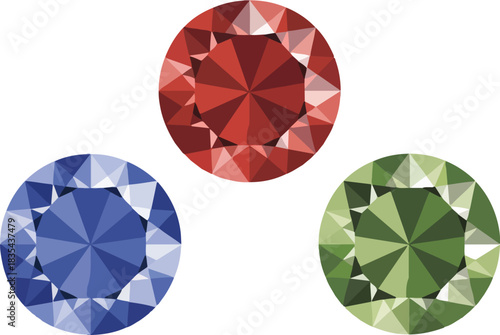 Set of three brilliant cut red, blue, green gems