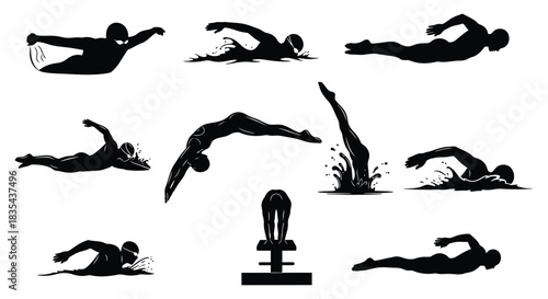 Silhouettes depicting various swimming and diving positions on a white background