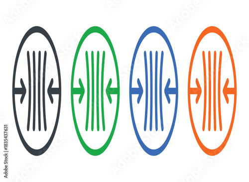 compression, pressure, squeeze, force, impact, resistance, icon, symbol, circle, set, collection, dark gray, green, blue, orange, graphic, design, industrial, engineering, physics, strength, material,