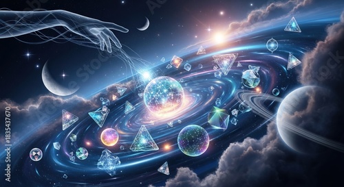 Celestial hand reaching towards planets and geometric shapes in galaxy