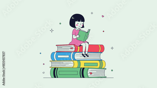 Illustration of a girl reading a book while sitting on a stack of books.