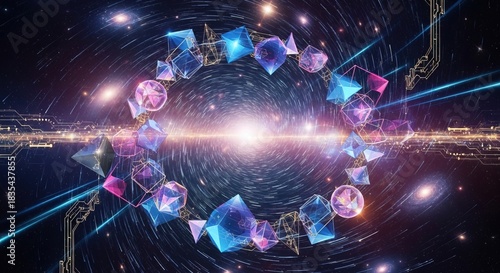 Geometric shapes forming a ring in a space with light trails and stars