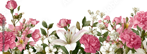 Romantic pink peony and white lily flower border arrangement