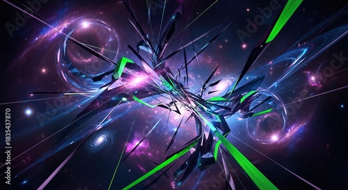 Abstract space scene with geometric shards and swirling nebulous forms