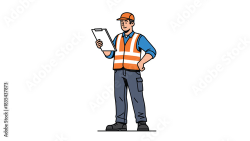 Confident construction foreman reviews project checklist wearing safety vest and cap on worksite