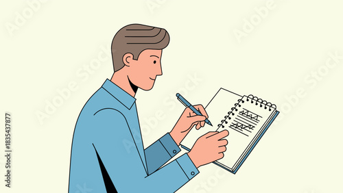 Man intently writing in a spiral notebook with a pen.