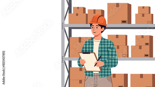 Cheerful warehouse worker in hard hat checks inventory clipboard surrounded by stacked shipping boxes on shelving