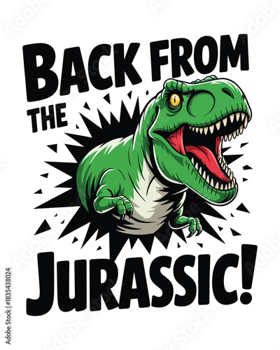 Fierce roaring Trex bursting out in bold Jurassic comic illustration