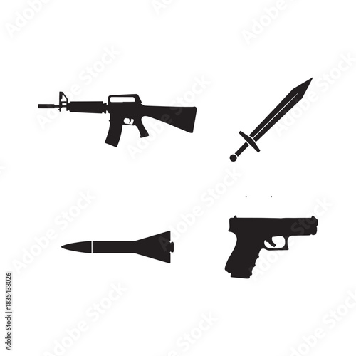 The image displays four distinct weapons silhouetted against a white background. In the top left, an assault rifle is depicted. To its right, a sword is shown angled upwards. In the bottom left, 