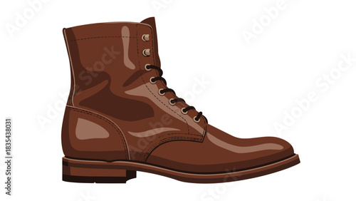 Durable rich brown leather lace up combat boot isolated on clean white background for fashion design