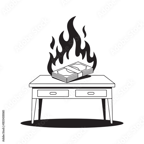 Desk with a burning object on top creating a large flame illustration