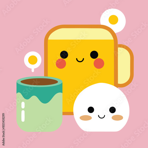 Cute kawaii breakfast set with egg toast and coffee illustrations