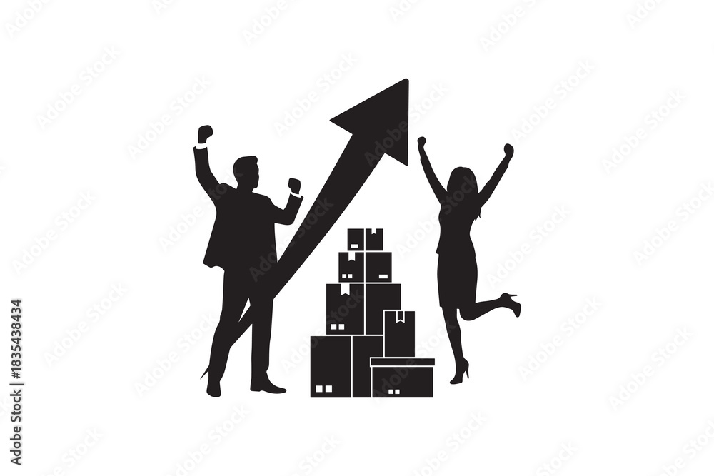 Fototapeta premium Business team celebrating sales growth with arrow and boxes silhouette artwork