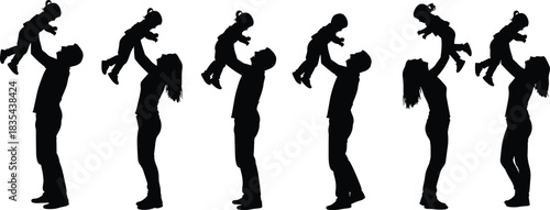 Parent lifting child silhouettes, joyful interaction, family bonding, playful moment, love, care, parenting concept, emotional connection, happiness, flat vector