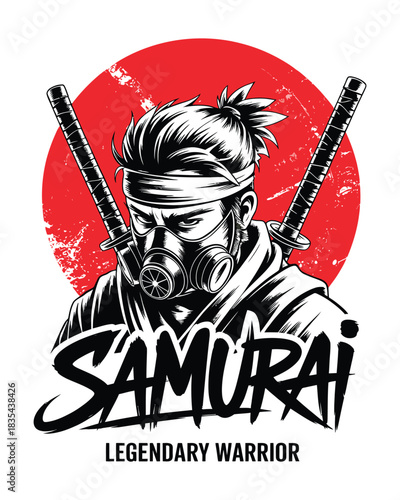 Modern masked samurai with twin swords and bold red sun