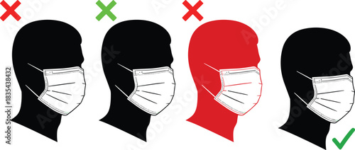 Correct and incorrect face mask wearing guide, health safety illustration, prevention tips, silhouette heads with masks, awareness concept, flat vector