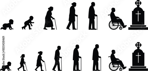 Human life cycle silhouettes, birth to death, aging stages, male female evolution, mortality concept, timeline progression, flat vector