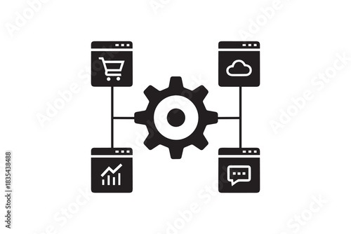 Centralized Business Management System Silhouette Icon System Integration for E-commerce and Analytics