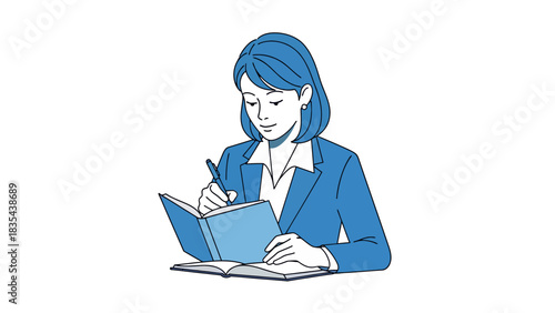 Woman in blue suit writing in a notebook with focus and determination.