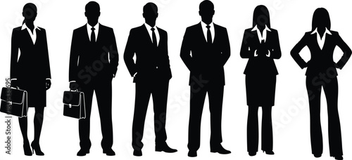 Business professionals in formal attire standing together, workplace diversity, career representation, corporate unity, office team illustration, professional concept, flat vector