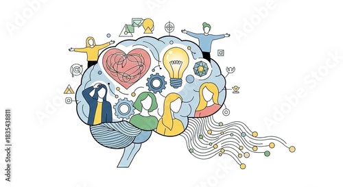 Illustration of a brain with people heart lightbulb and connections