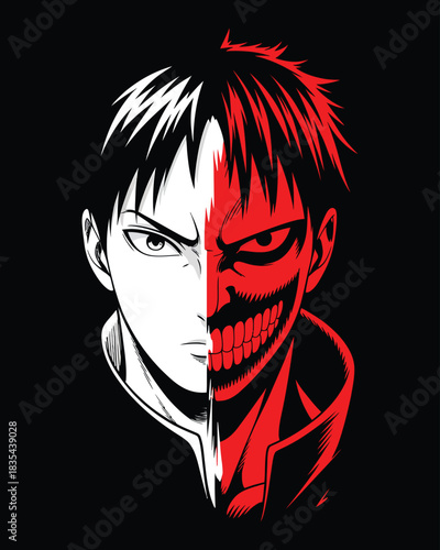 Intense split-face hero and demon design in bold anime style