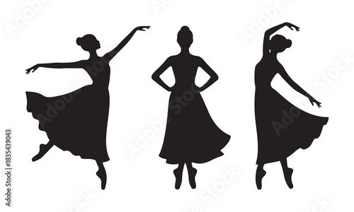 Graceful ballet dancer silhouettes performing art