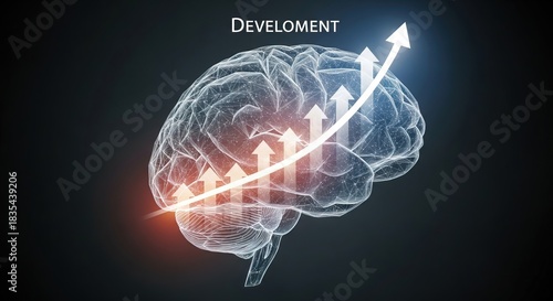 Digital brain with arrows showing growth and development concept art