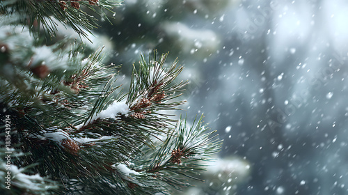Snow Falls on Pine Tree Branches