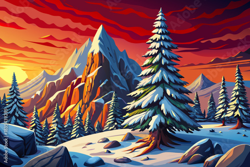 snowy Rocky Mountains landscape filled with tall fir trees, frozen slopes, and soft winter lighting, creating a peaceful Christmas 2026 mountain atmosphere perfect for seasonal nature scenes