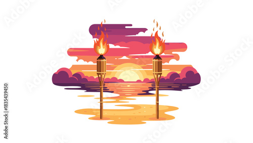 Vibrant tropical sunset scene featuring glowing tiki torches lighting up a serene beach evening