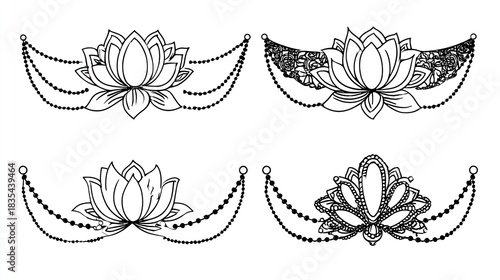 Collection of four distinct black and white ornamental designs featuring stylized blossoms and beaded chains