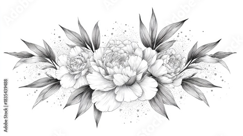 Detailed graphite illustration displays a sweeping arrangement of lush blossoms and foliage against a white background.