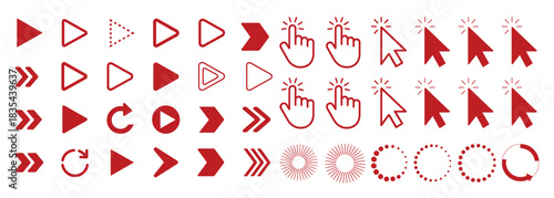 Collection of red navigation and cursor icons including play rewind and click symbols for web design and UI elements