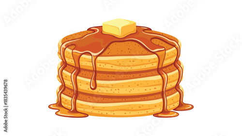 Delicious stack of golden pancakes dripping with rich syrup and topped with melting butter for breakfast