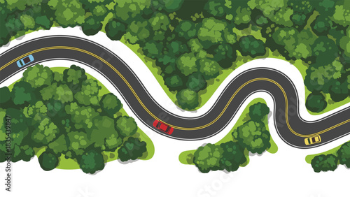 Vibrant aerial view captures cars navigating a winding mountain road through lush green forest canopy