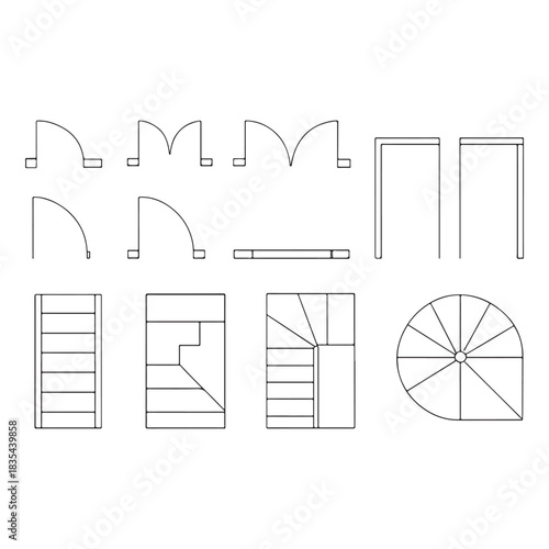 Doors, stairs for floor plan top view. Architectural elements set for apartment scheme. vector silhouette