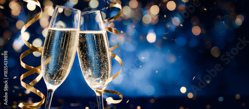 Two champagne flutes toasting, surrounded by golden streamers, confetti, and bokeh lights on a dark blue background.