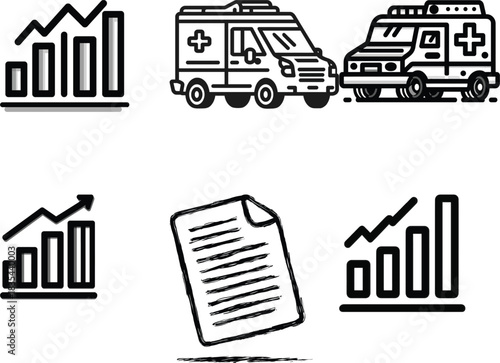 Medical and Business Icons Ambulance Chart and Document on White Background