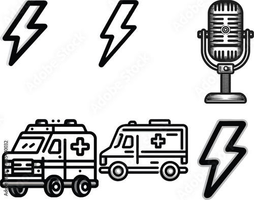Lightning Bolt Microphone and Ambulance Icons on White Background 
