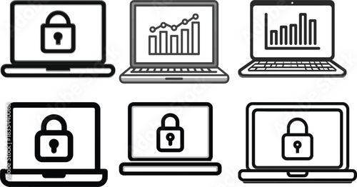 Laptop Icons with Lock and Growth Chart on White Background 