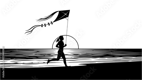 Silhouette Line Art of Person Running on Beach with Kite Flying Overhead, Summer Outdoor Activity