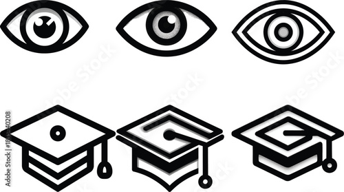Collection of stylized eye and graduation cap icons on white background eye icon