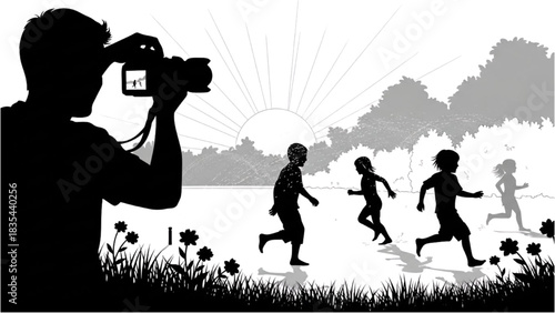 Summer Vacation Silhouette Art of Photographer and Kids Playing in Sprinklers