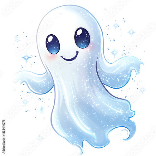 Cute kawaii ghost character with big blue eyes and a happy smile