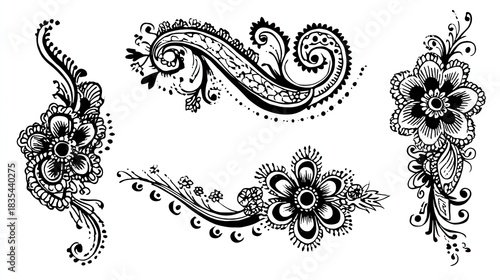 Collection of stylized floral and swirling ornamental black ink designs on white