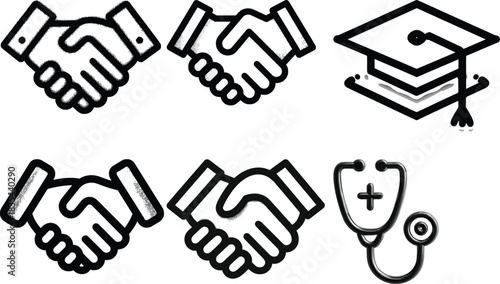 Handshake and Graduation Cap Icons with Medical Stethoscope handshake icon agreement icon