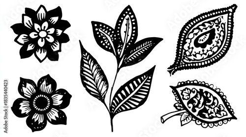 Collection of stylized, hand-drawn botanical and decorative elements rendered in black silhouette against a white background