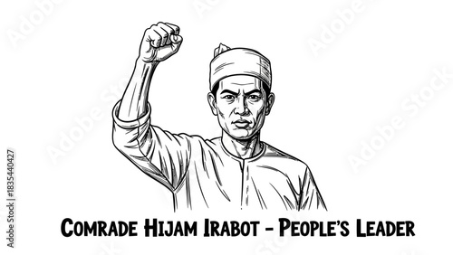 Black and white sketch illustration of a male political leader with a raised fist.